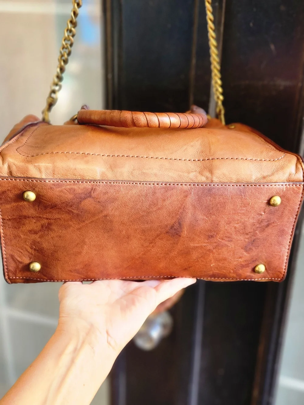 Frye Classic Brown Leather Tote Bag with Chain Strap